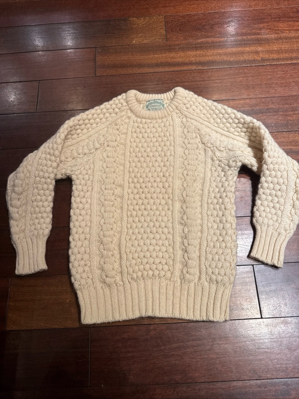 Cream Aran Cable Knit Crewneck Sweater 100% Wool Men Small